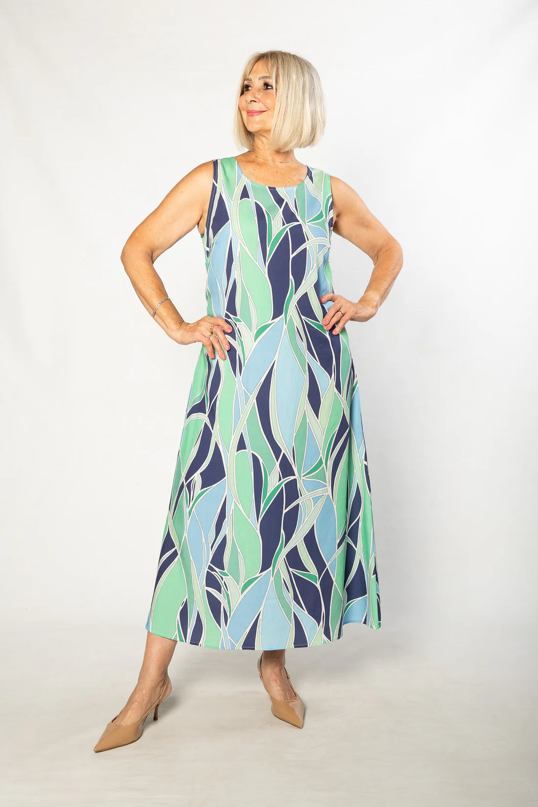EQUINOX - Gaudi Ocean Blues print Sleeveless Shift Dress 7811 - Green/Blue
