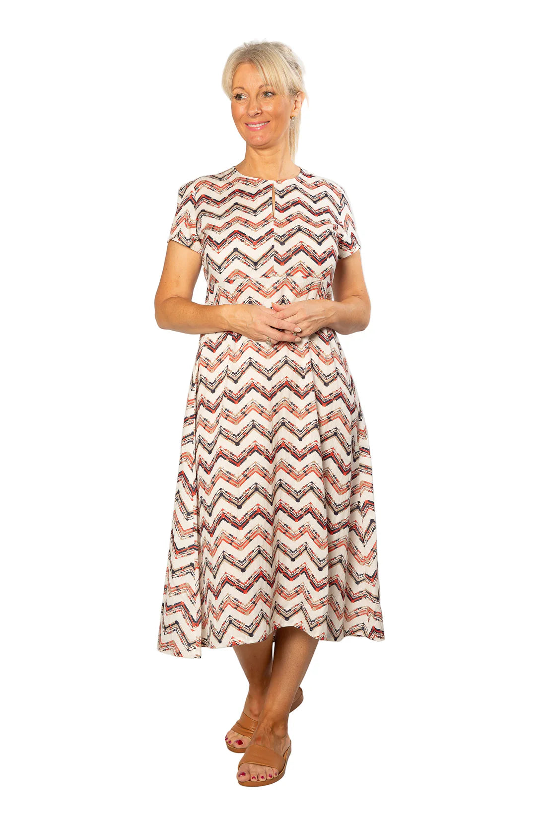 EQUINOX - Cotton blend Keyhole Zig Zag Print Dress with Short Sleeves 7250 Paprika