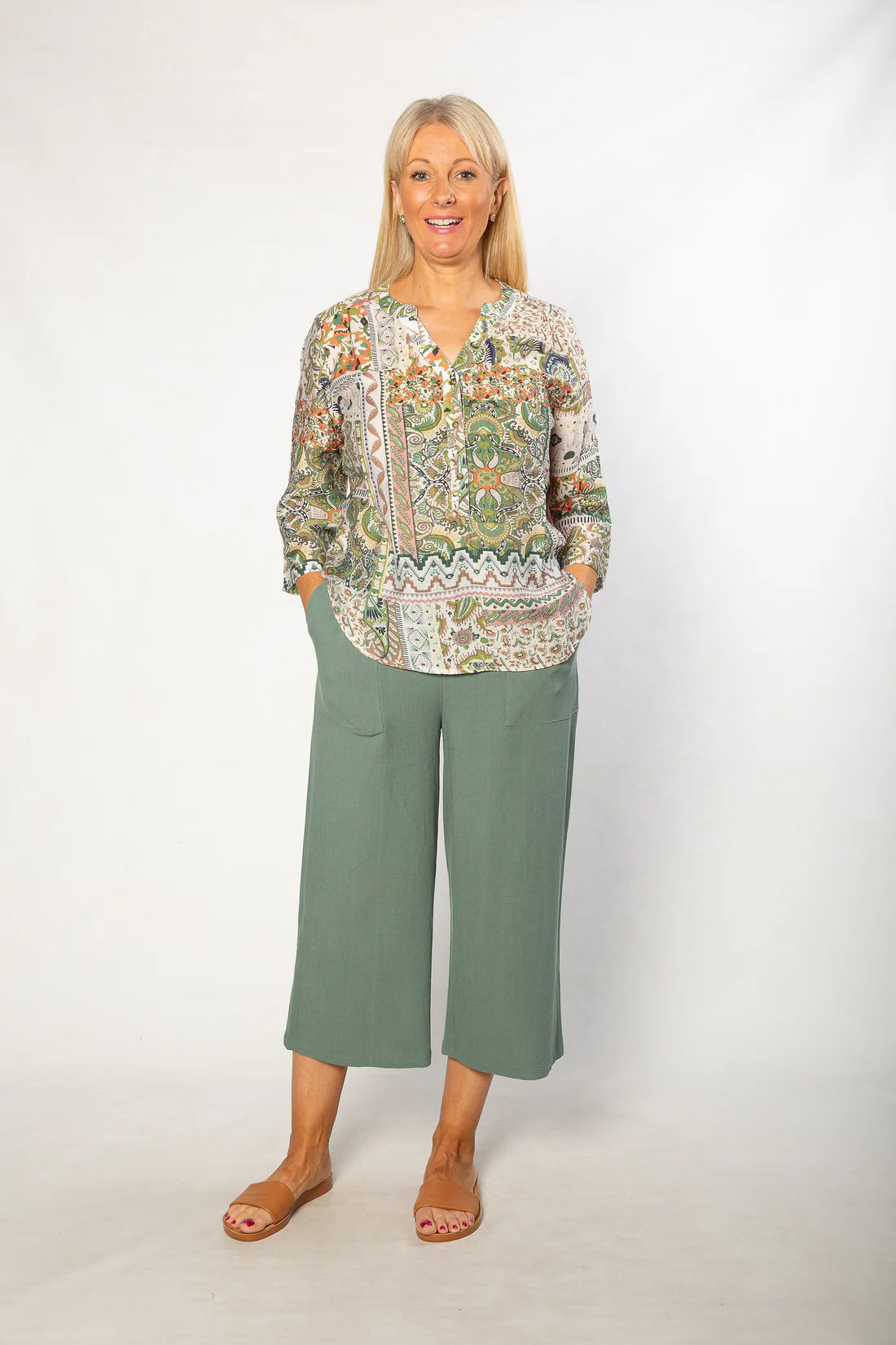 EQUINOX - Mediterranean Print 3/4 Sleeve Henley Shirt 506 Green