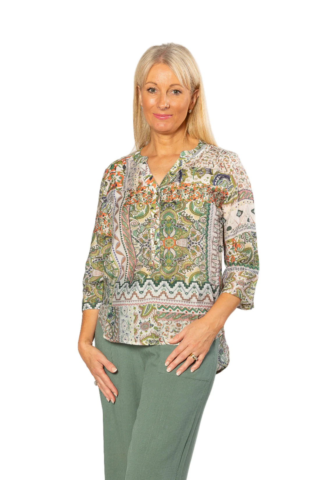 EQUINOX - Mediterranean Print 3/4 Sleeve Henley Shirt 506 Green