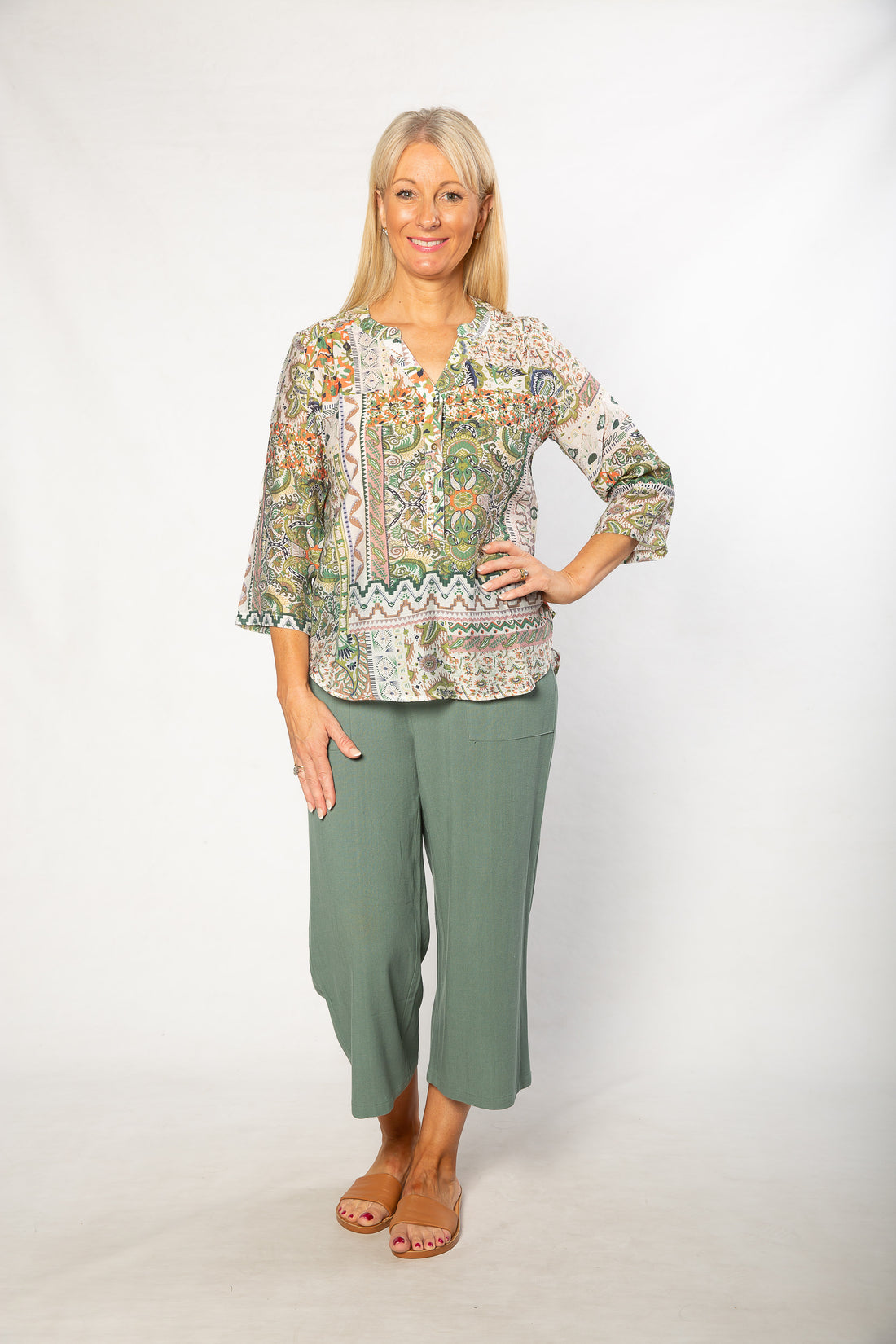 EQUINOX - Mediterranean Print 3/4 Sleeve Henley Shirt 506 Green
