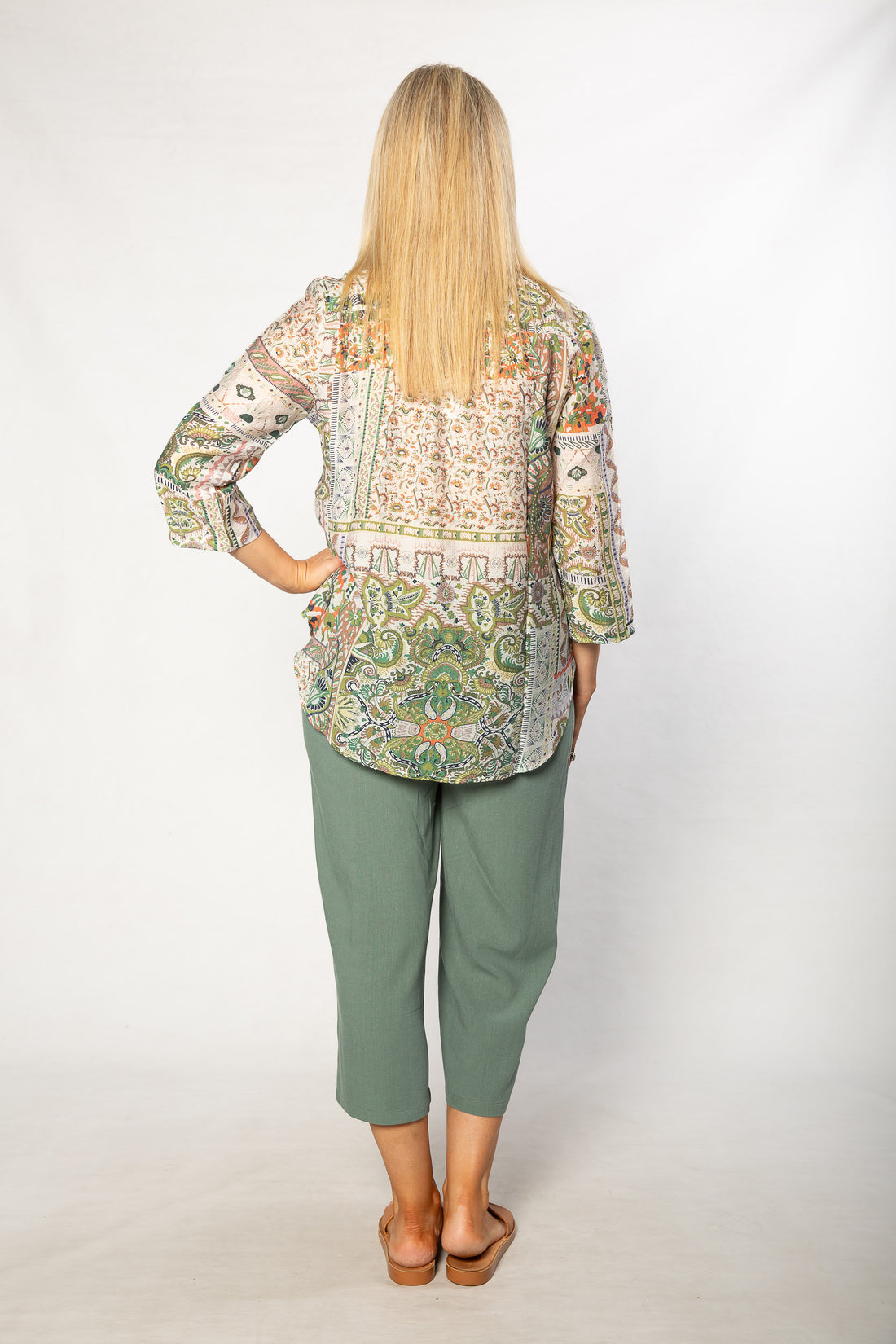 EQUINOX - Mediterranean Print 3/4 Sleeve Henley Shirt 506 Green