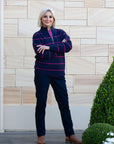 EQUINOX - Striped Soft Knit Ribbed Zip Opening with fine cable stitch on sleeves Navy/Pink