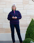 EQUINOX - Striped Soft Knit Ribbed Zip Opening with fine cable stitch on sleeves Navy/Pink