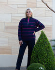 EQUINOX - Striped Soft Knit Ribbed Zip Opening with fine cable stitch on sleeves Navy/Pink
