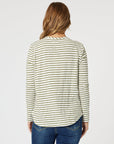 THREADZ Riviera Stripe Print Long Sleeve Tee - Khaki/White