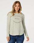 THREADZ Riviera Stripe Print Long Sleeve Tee - Khaki/White