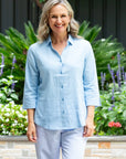 EQUINOX-  Semi-Fitted Linen Blend 3/4 sleeve shirt - Blue