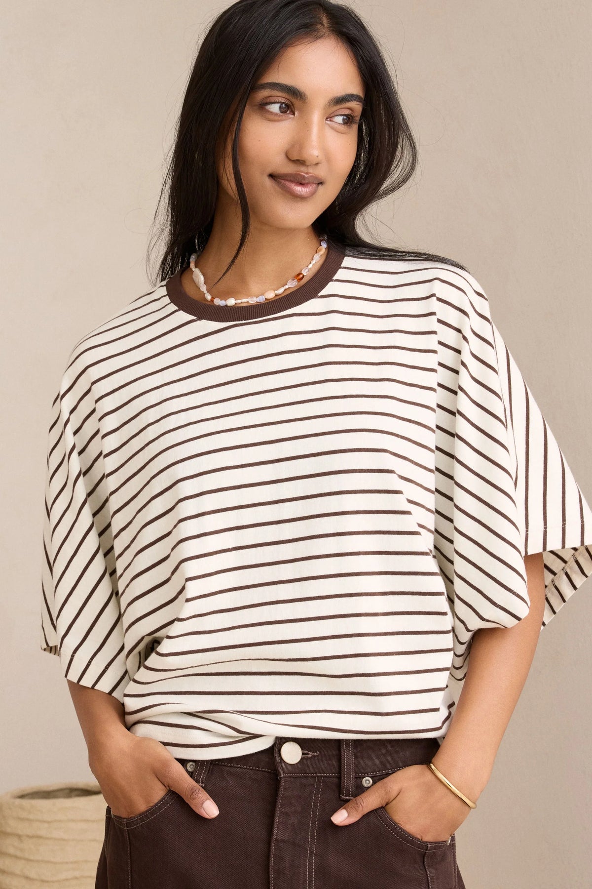 CERES - Lucy Relaxed Sleeve Tee - Brown / Cream
