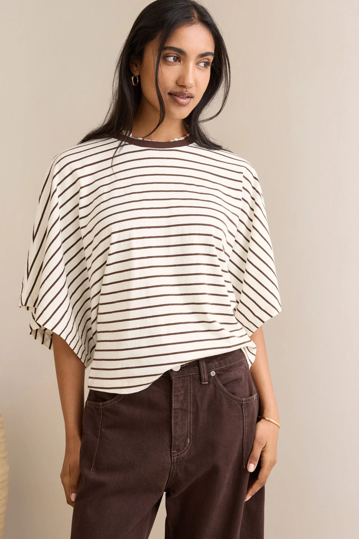 CERES - Lucy Relaxed Sleeve Tee - Brown / Cream