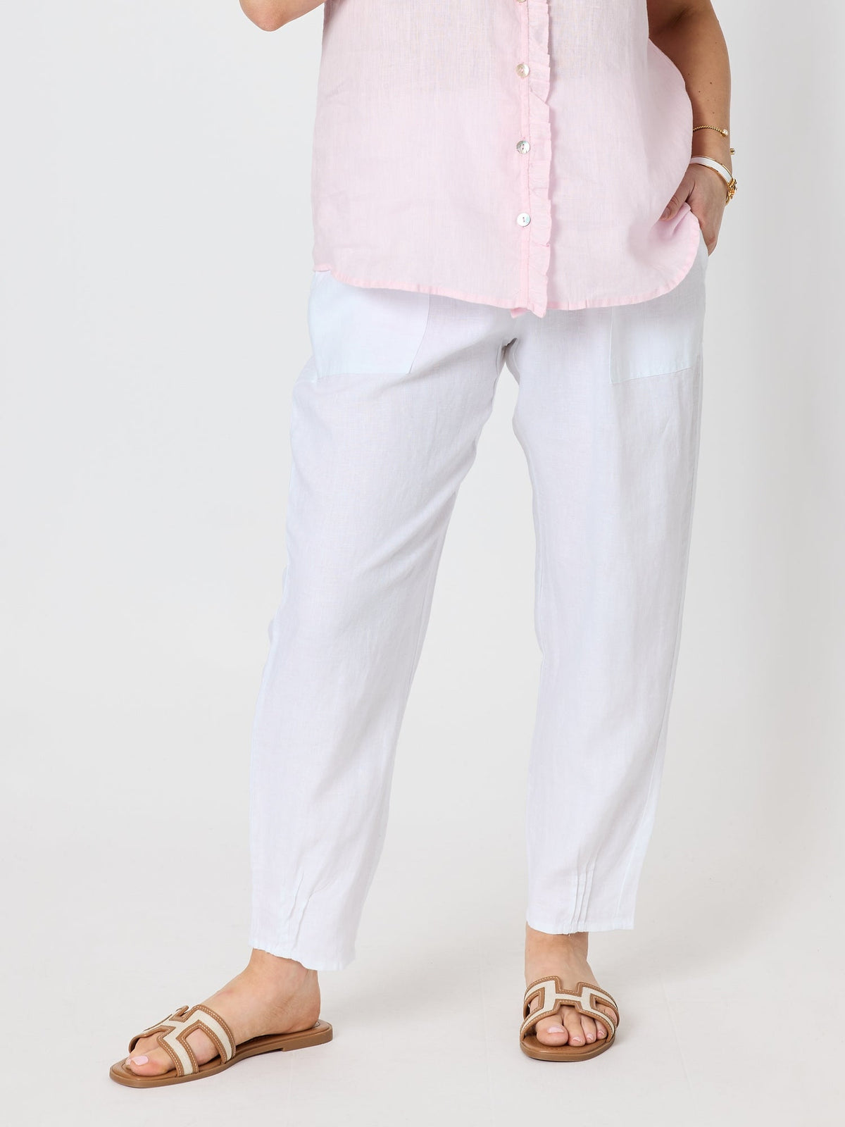 GORDON SMITH - Sarah Linen Pleat Hem Pant - White