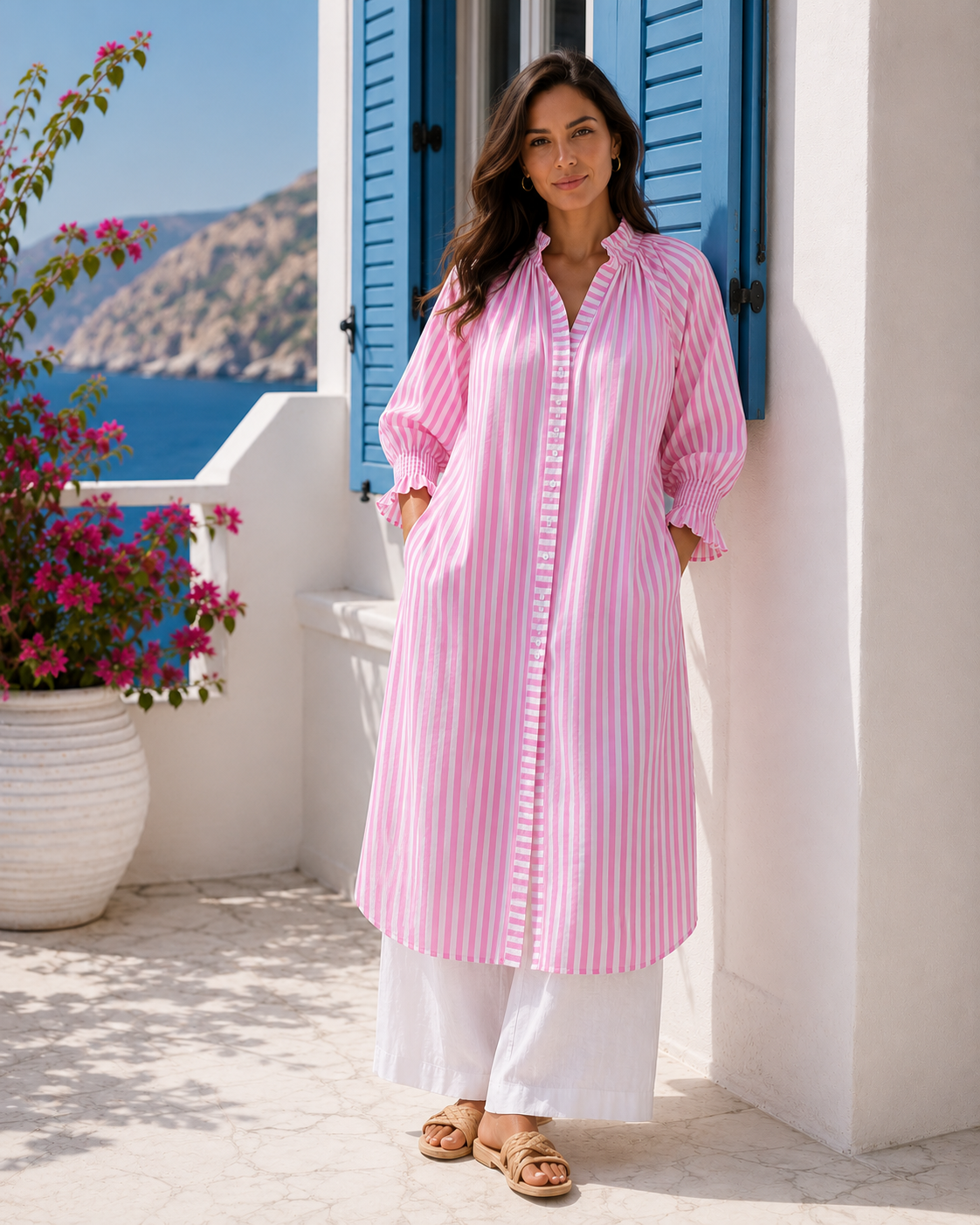 NINE FIVE NINE DRESS- Shirt Dress. Pink White Stripe