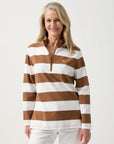 GOONDIWINDI COTTON - Stripe 1/2 Zip Rugby. Tobacco and White