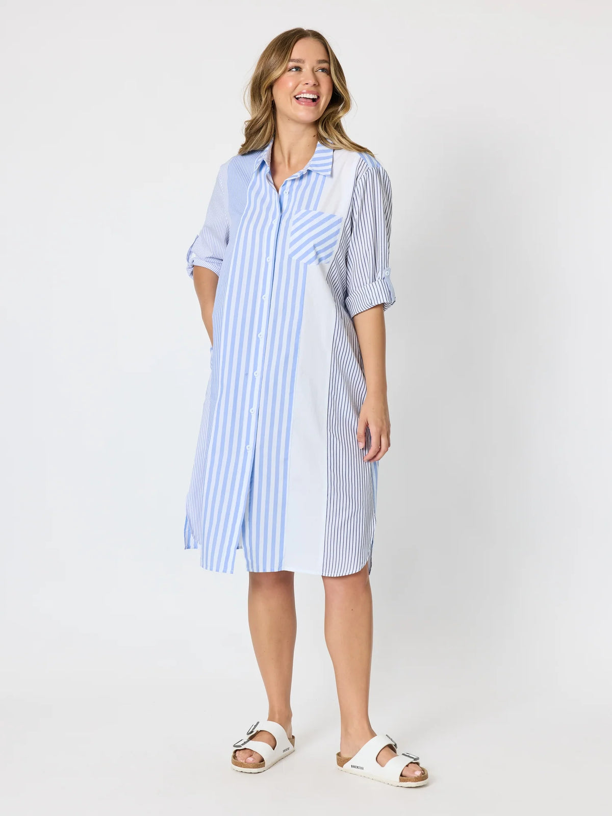 THREADZ - Miramar Stripe Print Shirt Dress - Blue/White