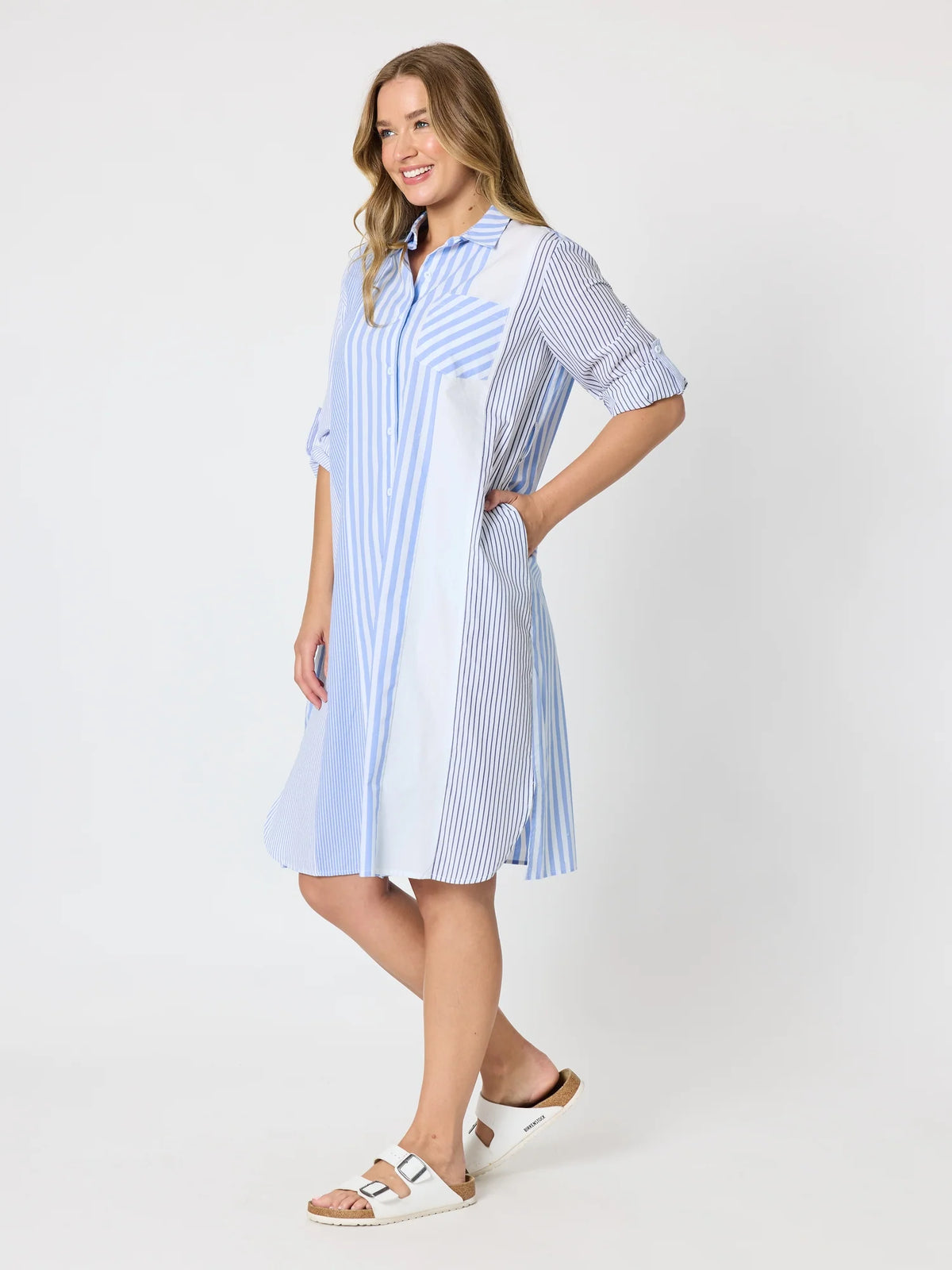 THREADZ - Miramar Stripe Print Shirt Dress - Blue/White