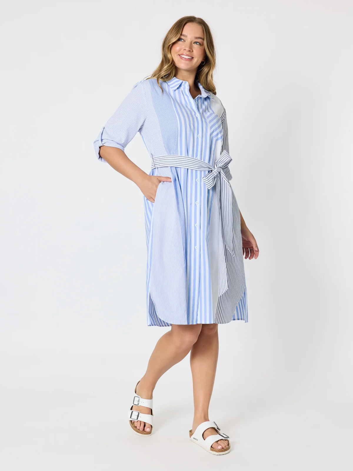 THREADZ - Miramar Stripe Print Shirt Dress - Blue/White