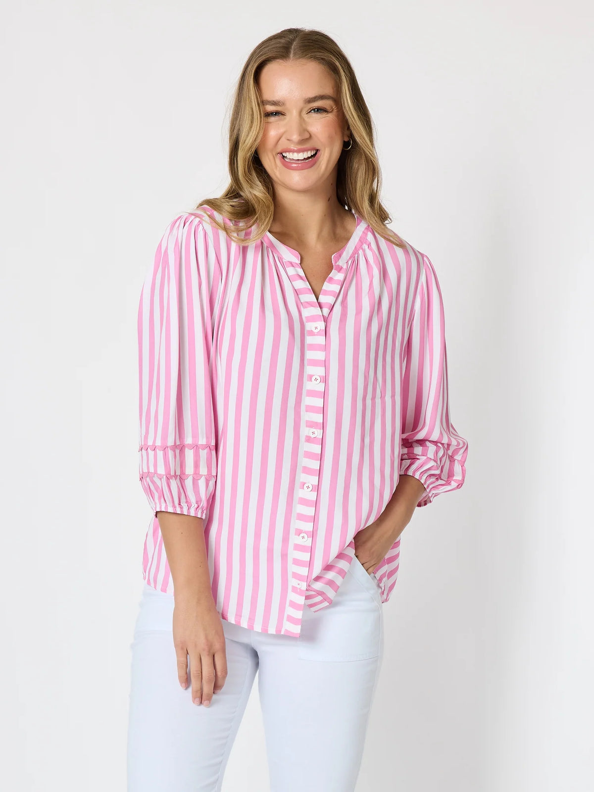 THREADZ - Montecito Stripe Print Top - Lipstick White