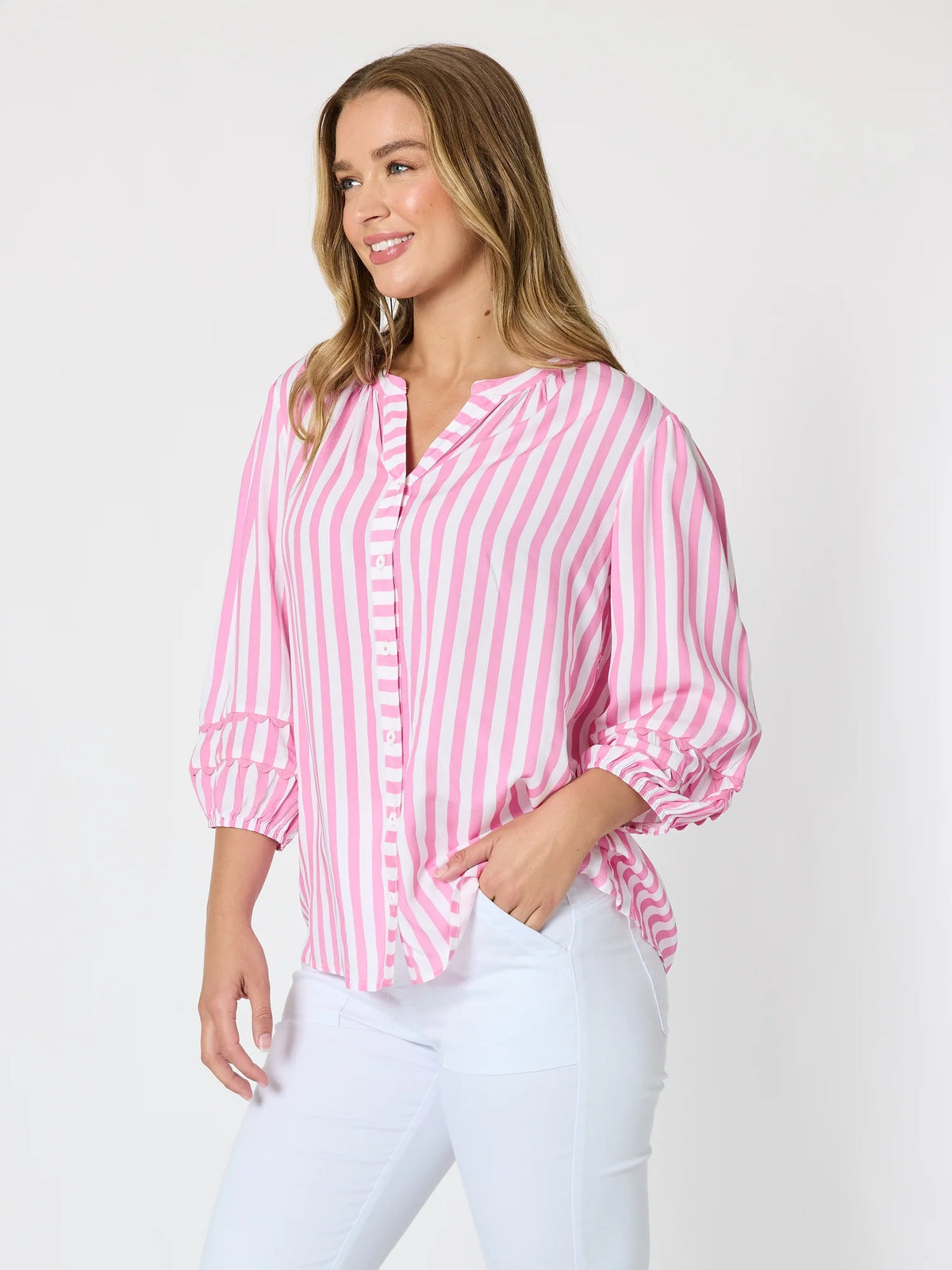 THREADZ - Montecito Stripe Print Top - Lipstick White