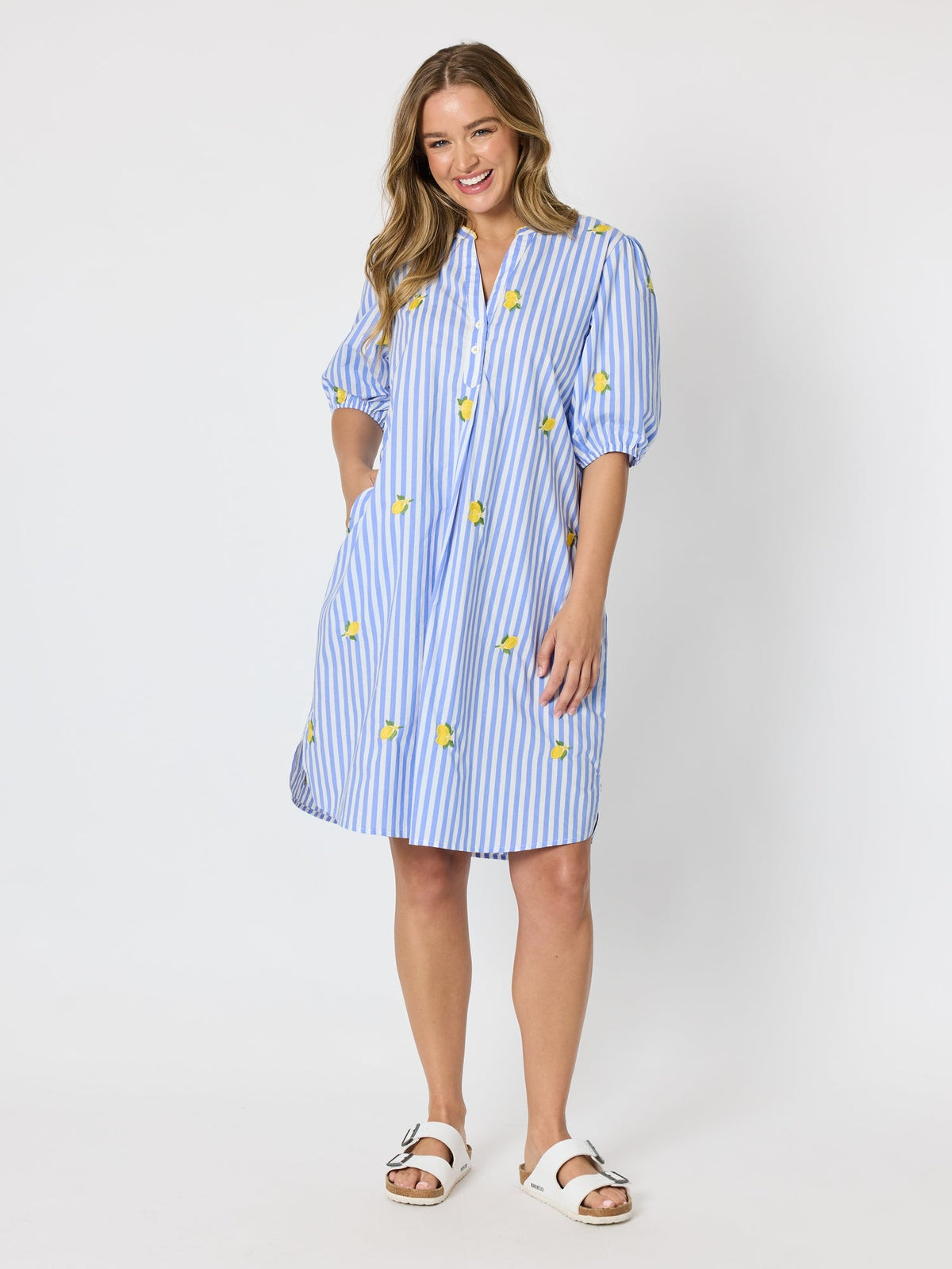 THREADZ - Spritz Embroidered Stripe Print Dress - Blue/White