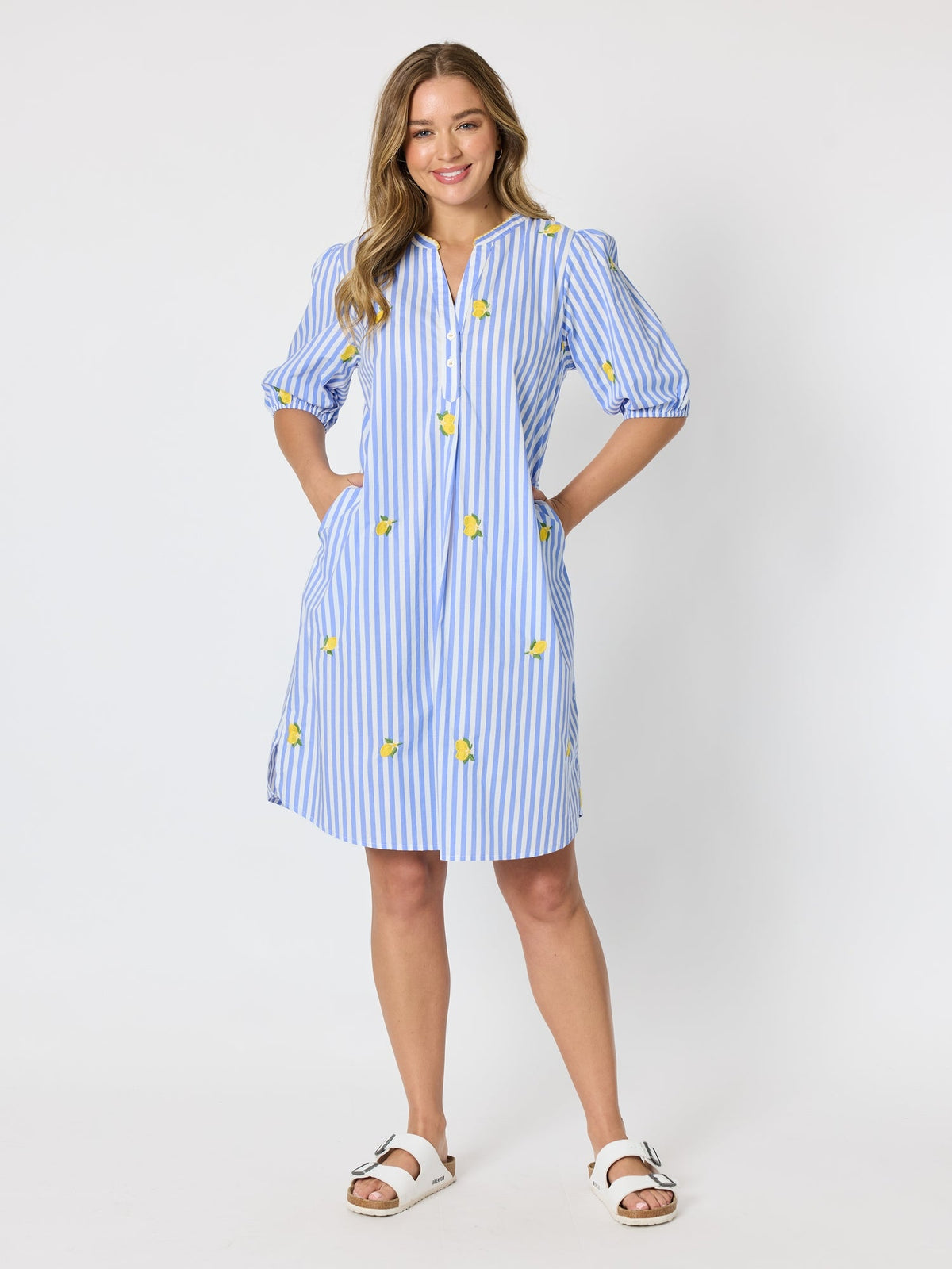 THREADZ - Spritz Embroidered Stripe Print Dress - Blue/White