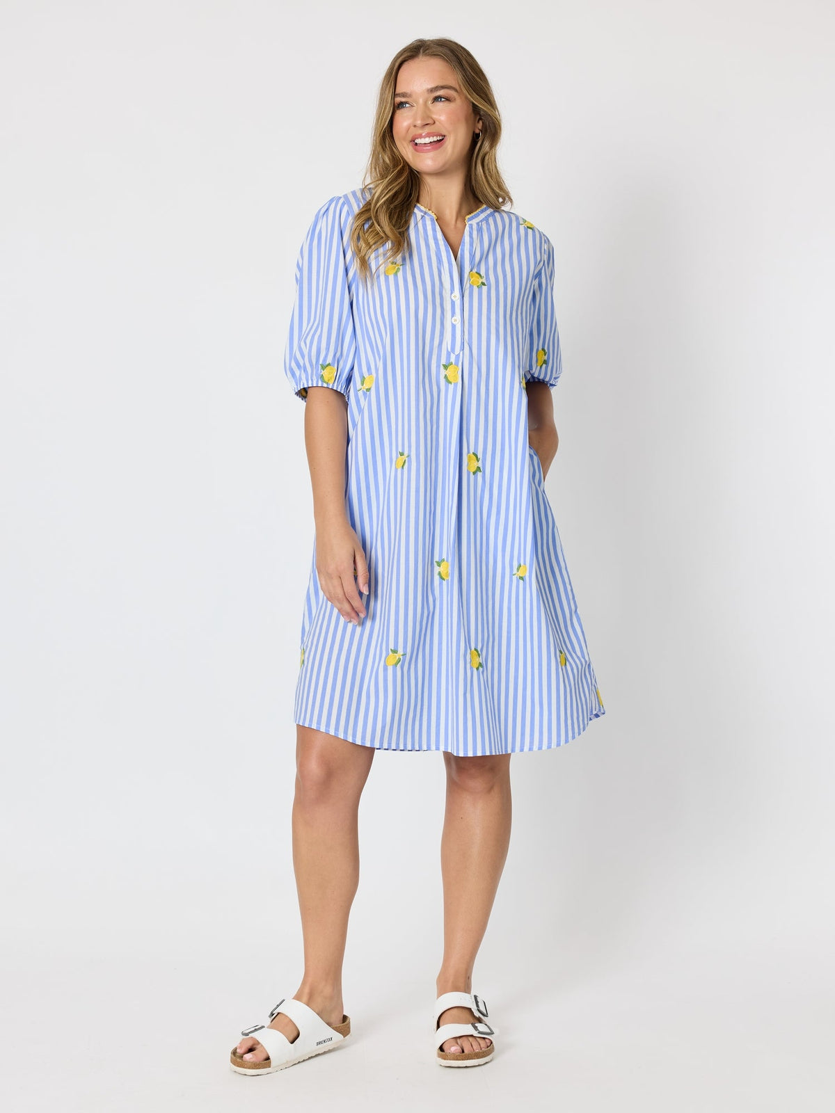THREADZ - Spritz Embroidered Stripe Print Dress - Blue/White