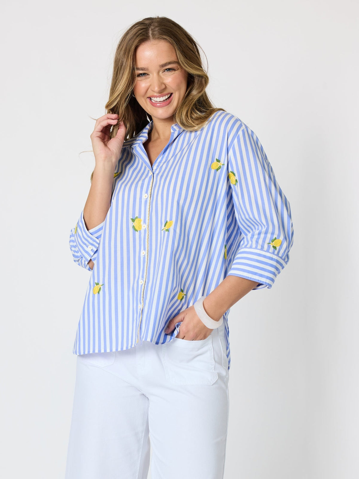 THREADZ - Spritz Embroidered Stripe Print Shirt - Blue/White