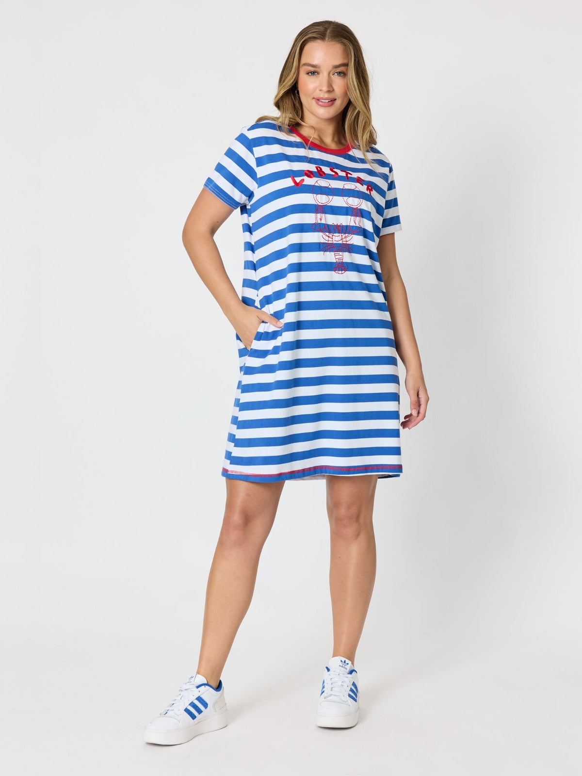 THREADZ - Rhode Island Embroidered Stripe Dress - Azure White