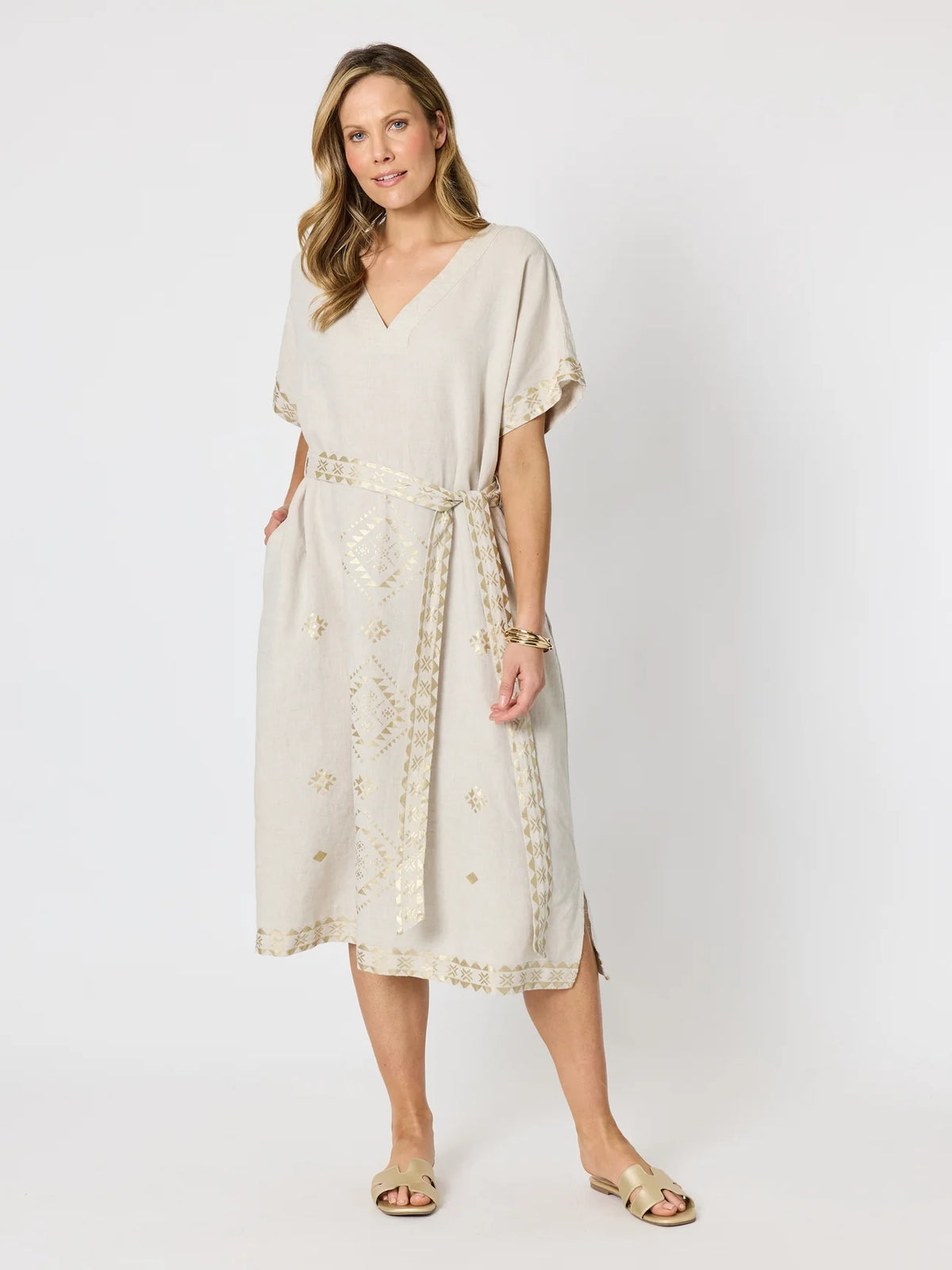 HAMMOCK &amp; VINE - Soleil Foil Print Linen Dress - Natural Gold