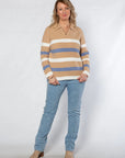 EQUINOX - Johnny Collar Stripe Polo Sweater - Sand/Blue