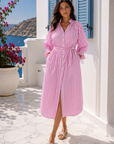NINE FIVE NINE DRESS- Shirt Dress. Pink White Stripe