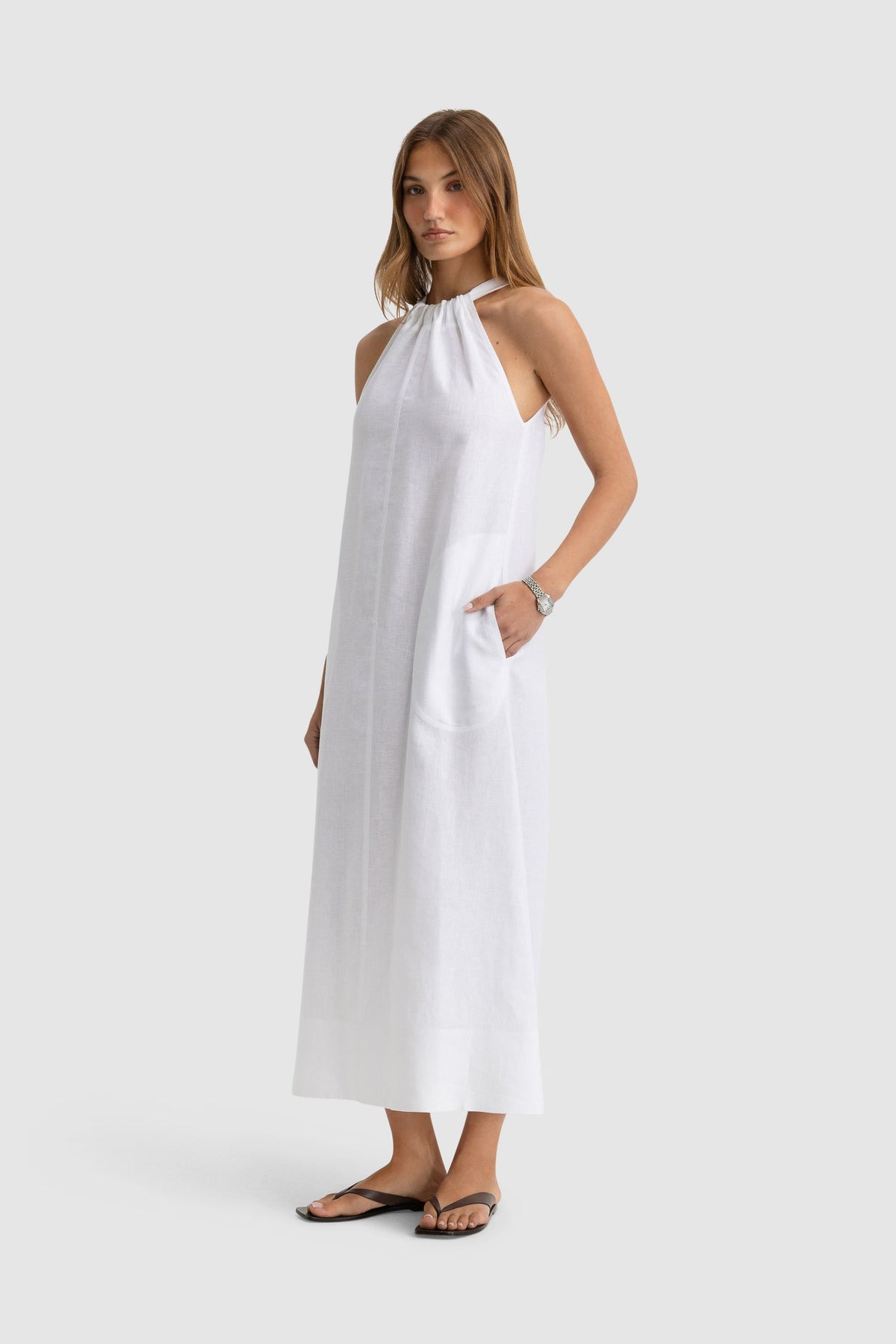 ORTC - Luna Linen Halter Dress Full Length - White