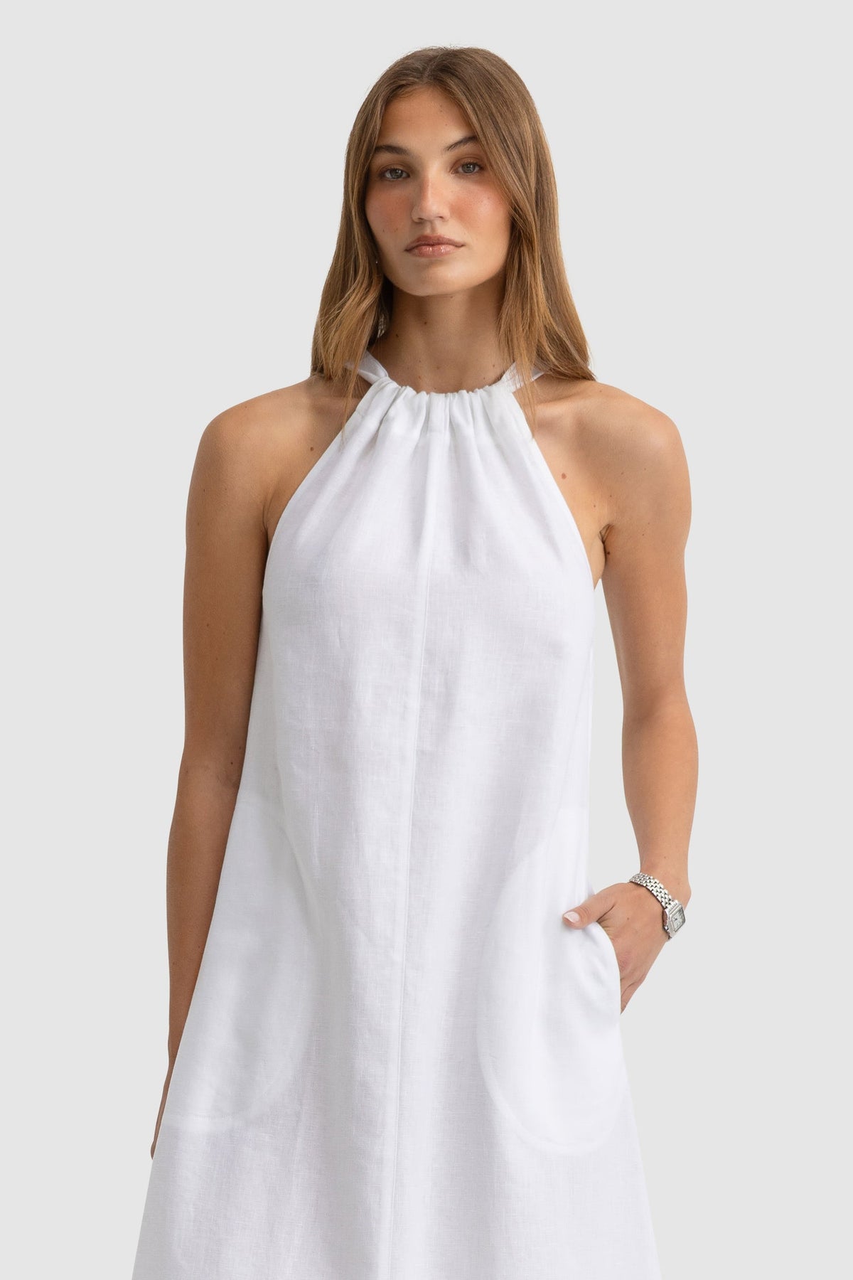 ORTC - Luna Linen Halter Dress Full Length - White