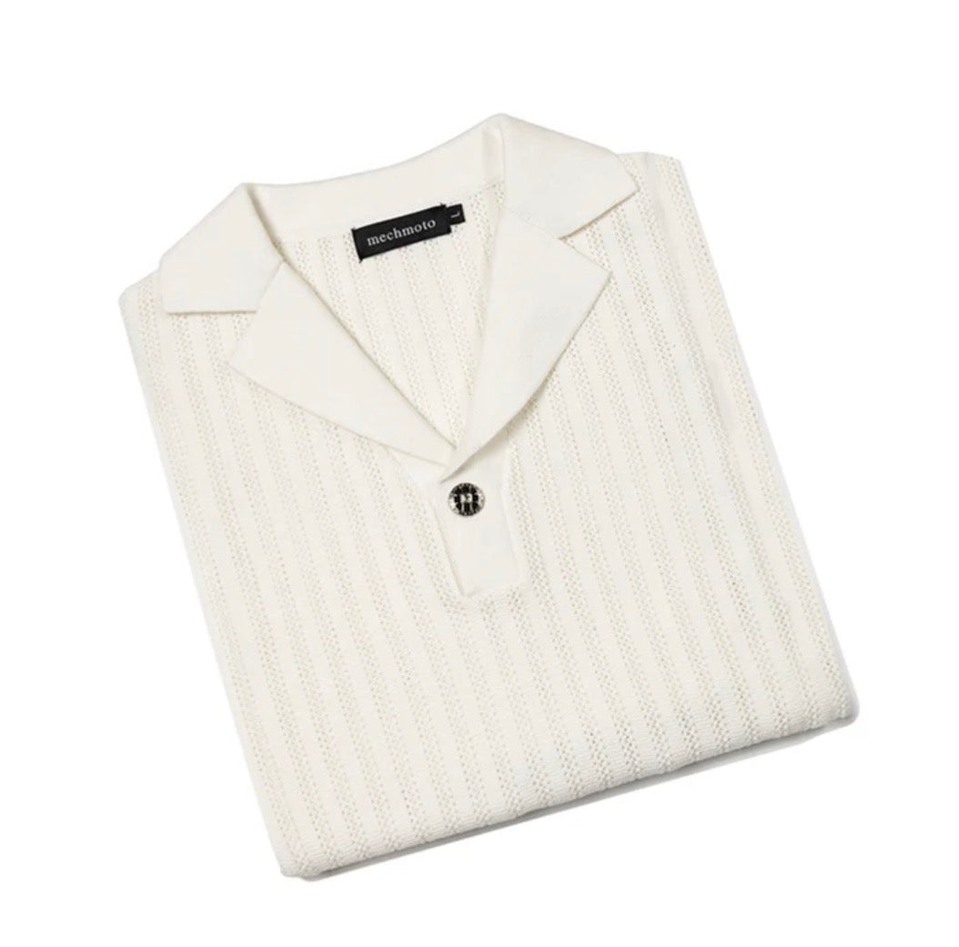 MECHMOTO - Self Stripe Johnny Collar Polo with contrast button - White