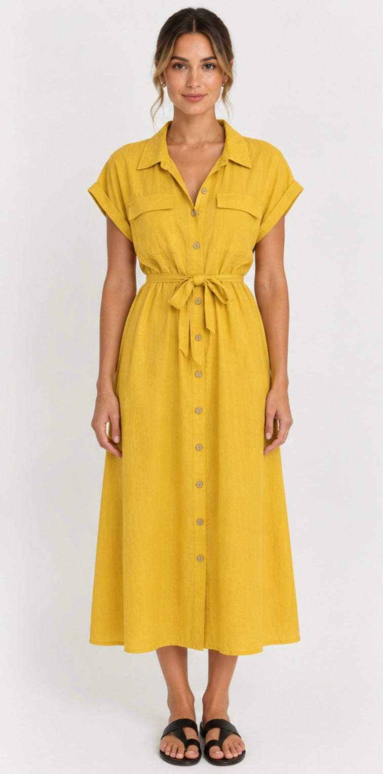 HOLMES &amp; FALLON - Button Through Trench Dress with built in belt - Yellow