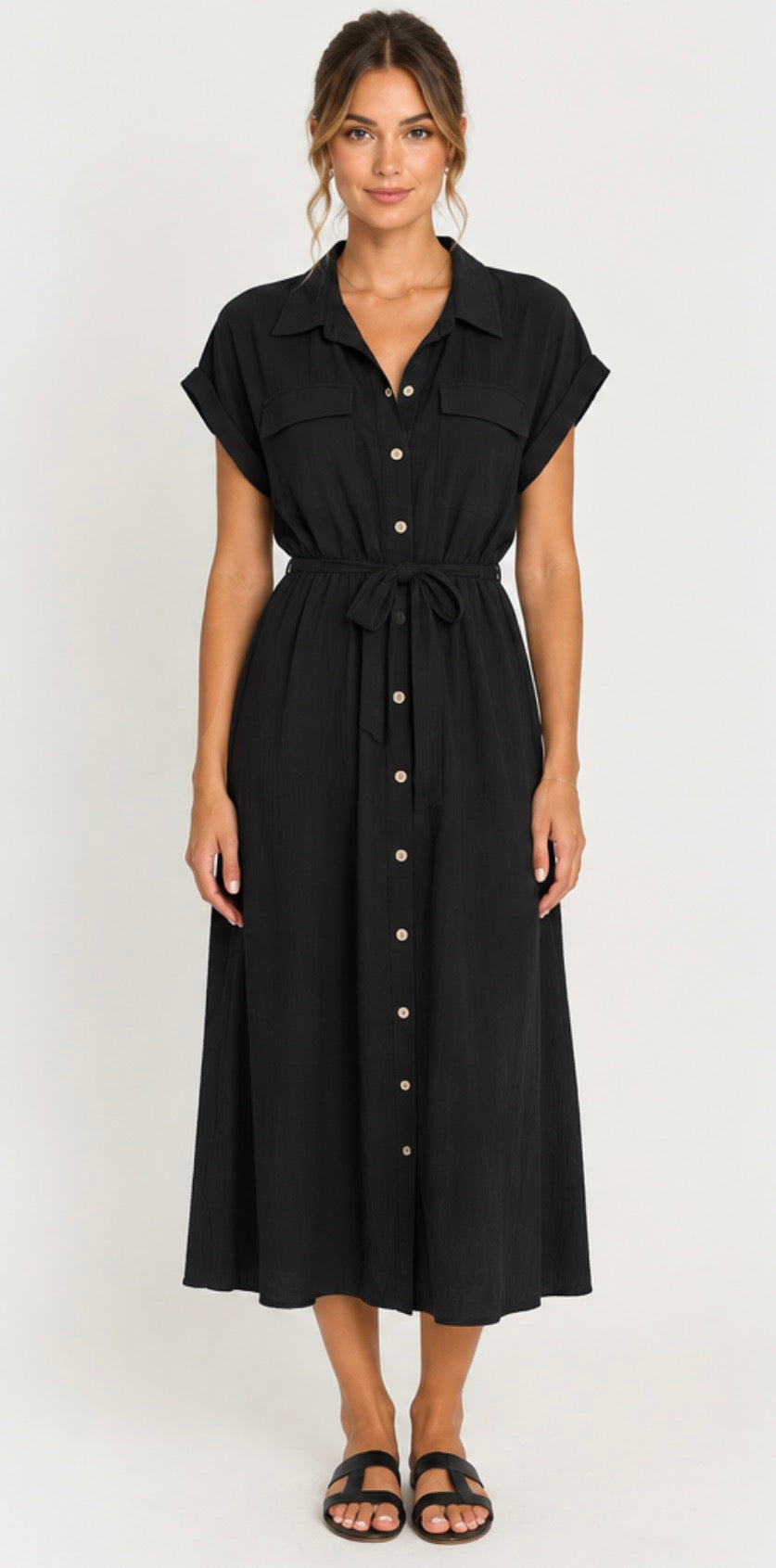 HOLMES &amp; FALLON - Button Through Trench Dress with built in belt- Black