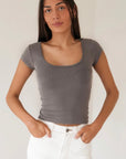 ALL ABOUT EVE - Wash Rib Scoop Neck Tee - Charcoal
