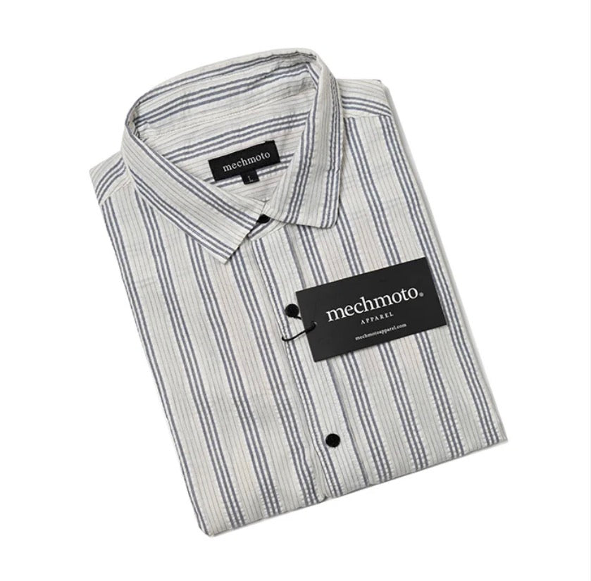 MECHMOTO - Striped Seersucker short sleeve shirt with back box pleat - charcoal