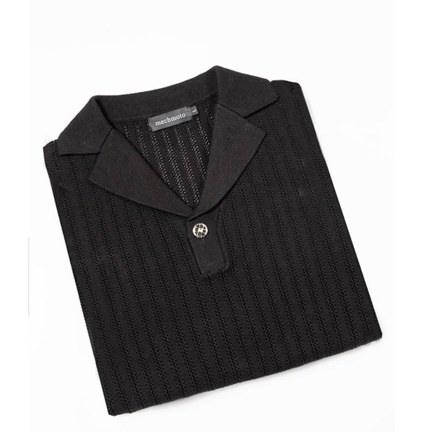 MECHMOTO - Self Stripe Johnny Collar Polo with contrast button - Black