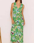 MINK PINK - Green Floral Bias V-Neck  Zoe Midi Dress