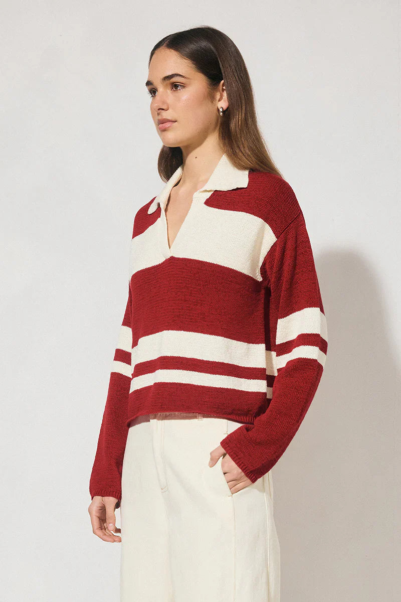 MON RENN - Cosmo Knit Jumper - Burgandy Cream Stripe