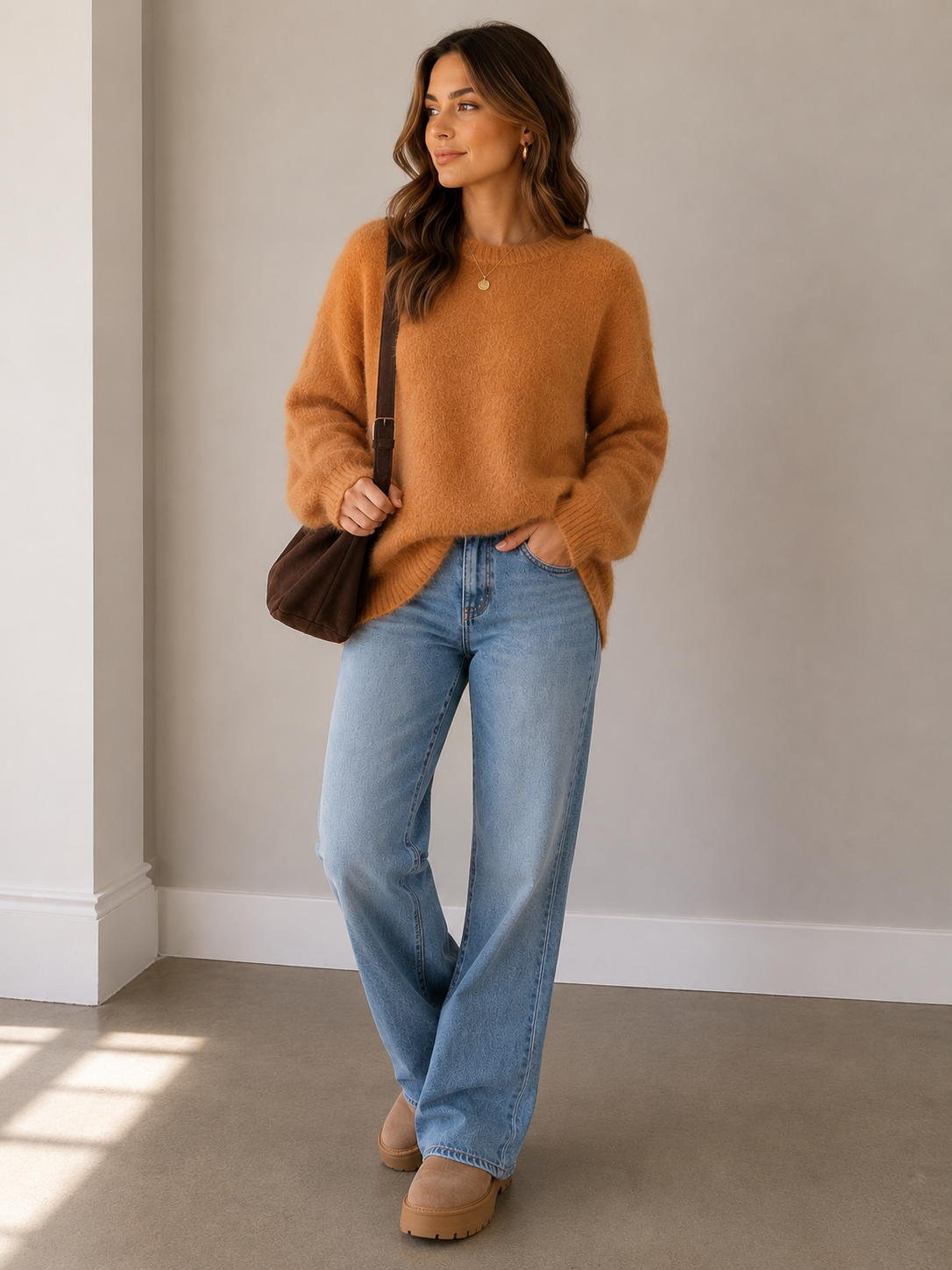 SABENA - Shaggy Crew Neck Jumper - Brown