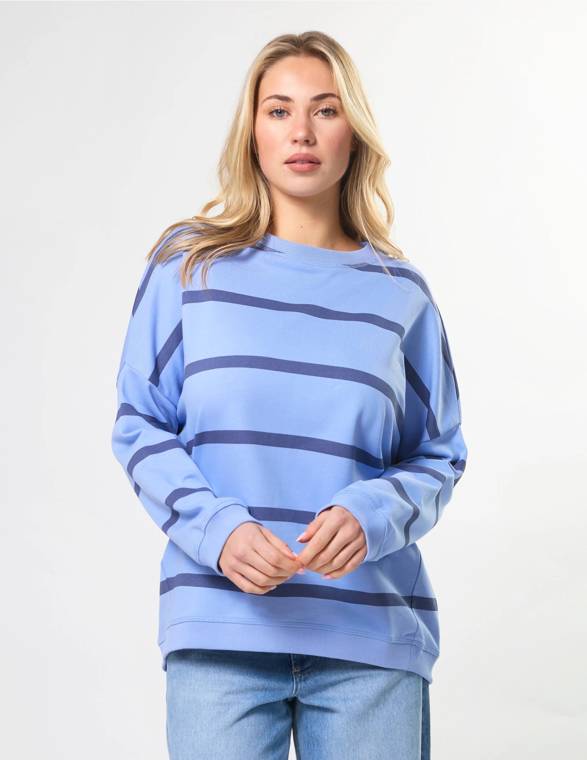 STELLA + Gemma - Newport Relaxed Crew - Cornflower Baby Cross Stripe