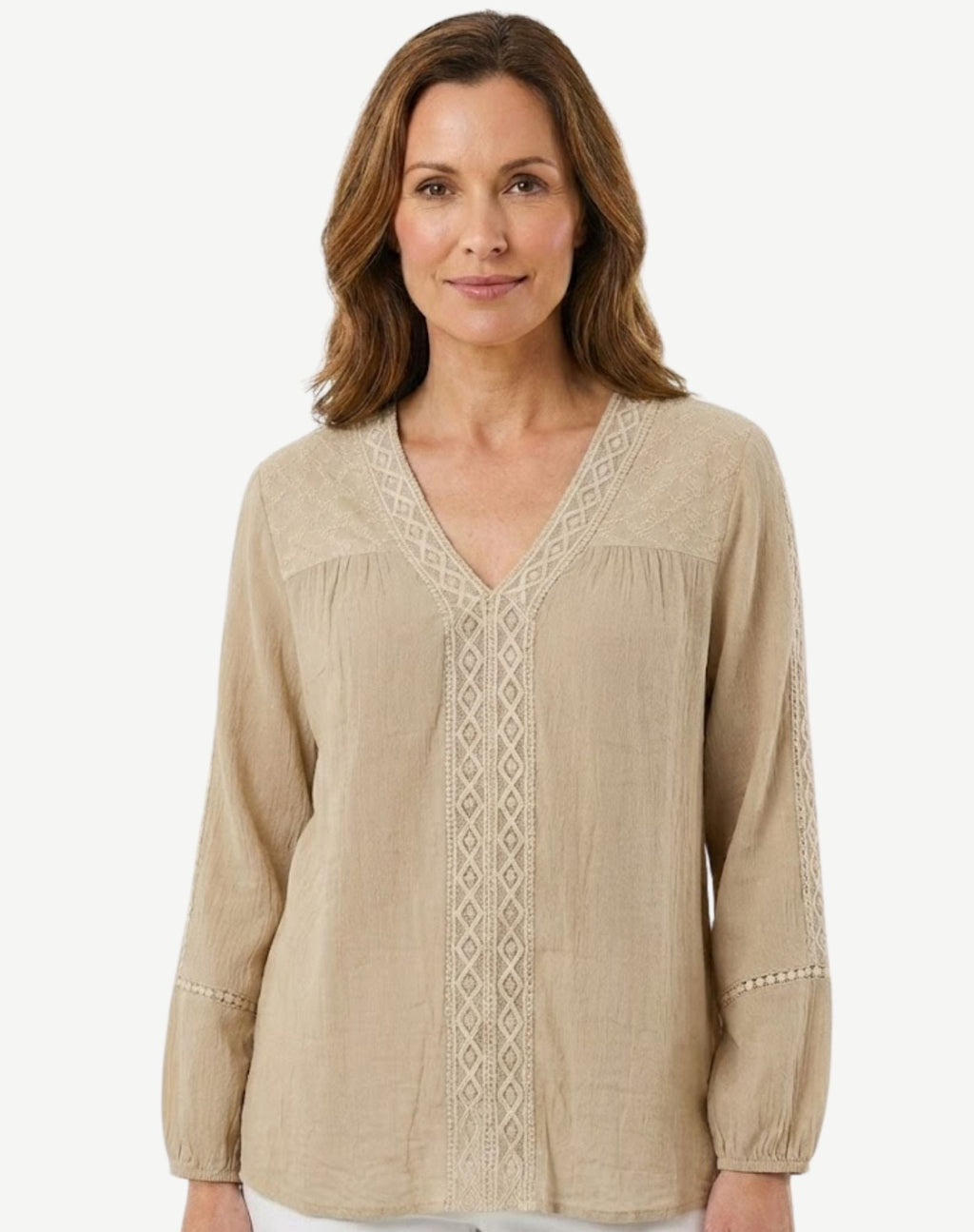 CORFU - Sand Crepe Georgette Lace Trim Long Sleeve Blouse