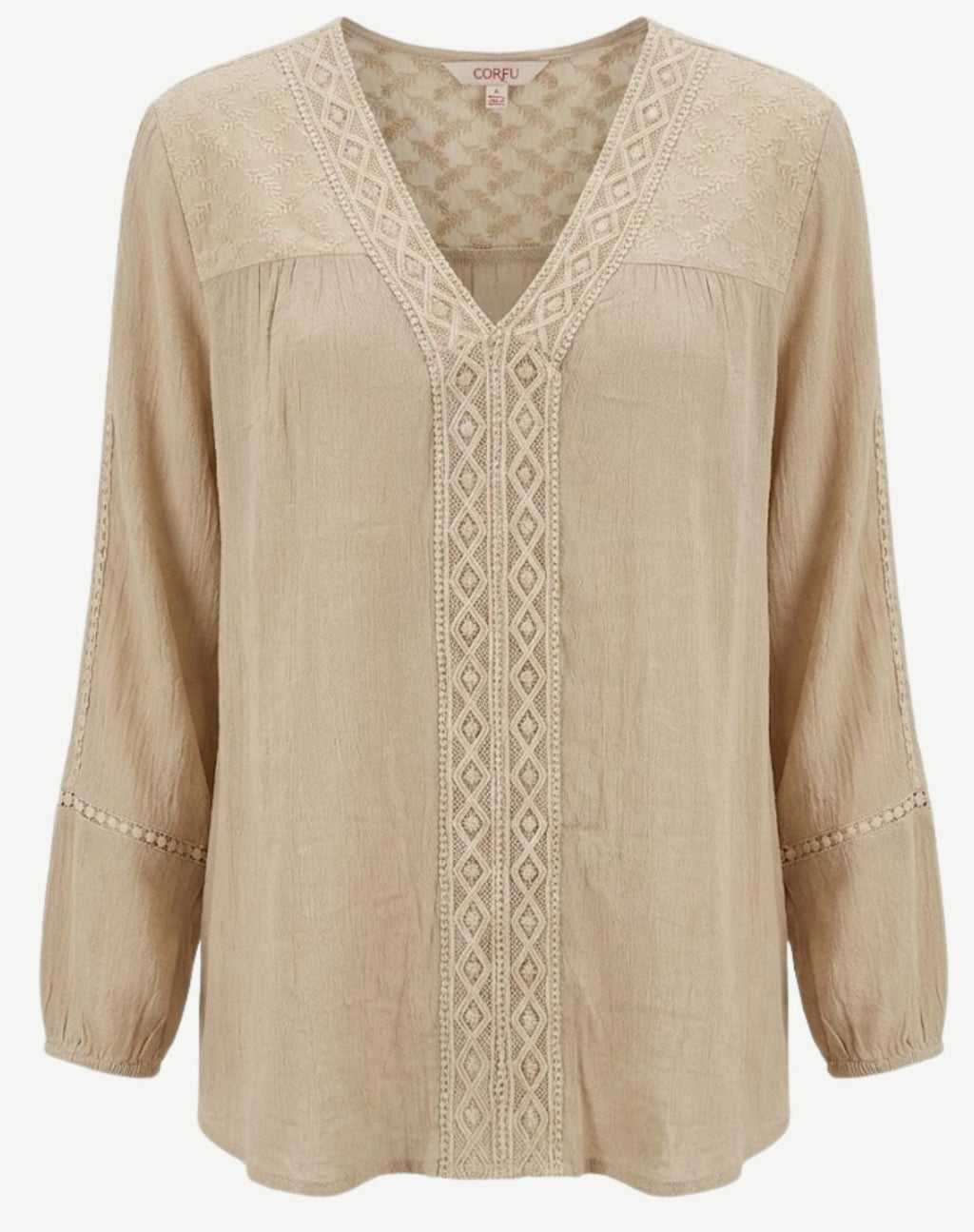 CORFU - Sand Crepe Georgette Lace Trim Long Sleeve Blouse