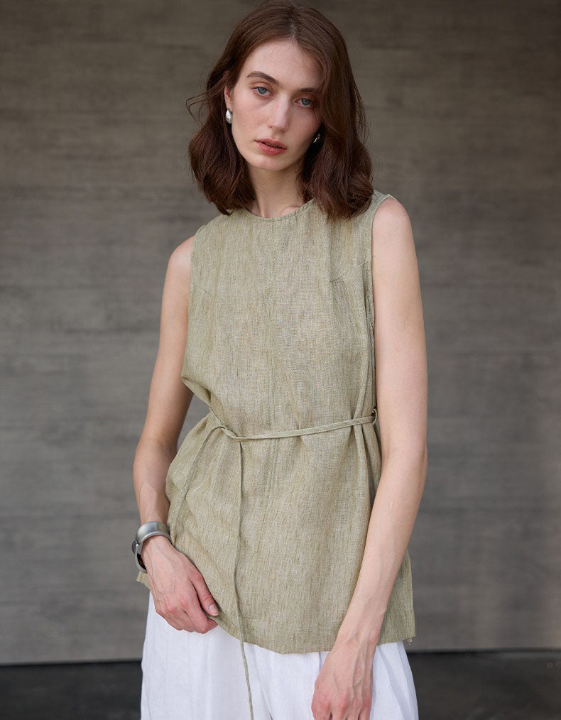 EIGHT SEPTEMBER - Tie Waist Linen Top - Moss