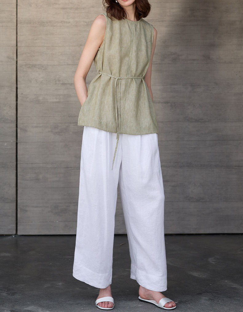 EIGHT SEPTEMBER - Tie Waist Linen Top - Moss