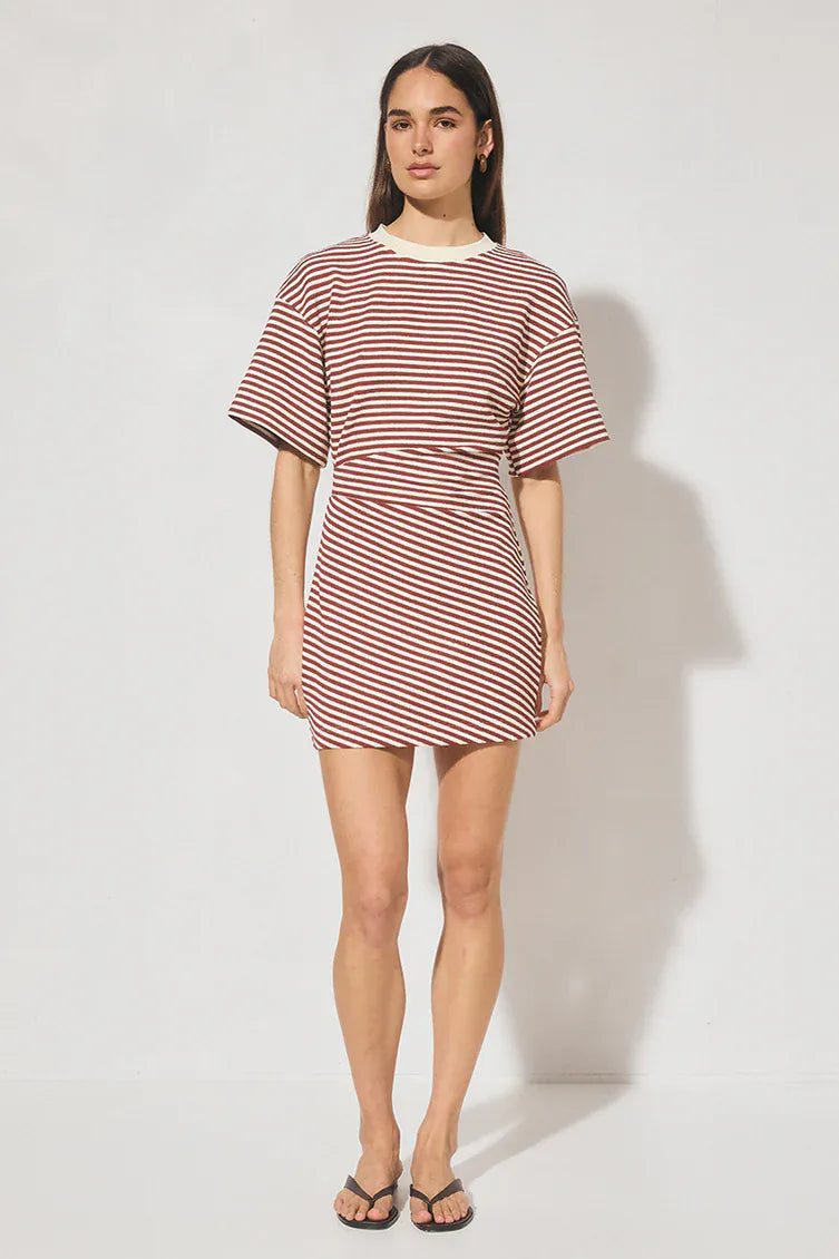 MON RENN - Aura Mini Dress Burgundy - Cream Stripe