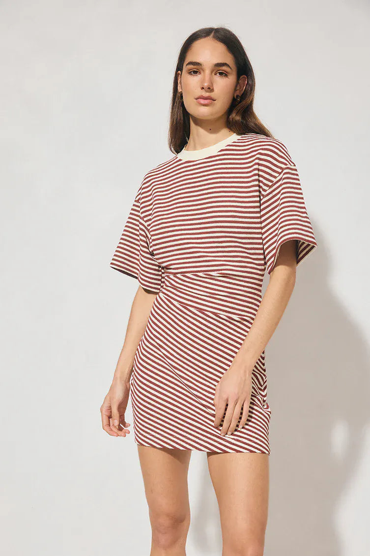 MON RENN - Aura Mini Dress Burgundy - Cream Stripe