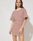 MON RENN - Aura Mini Dress Burgundy - Cream Stripe