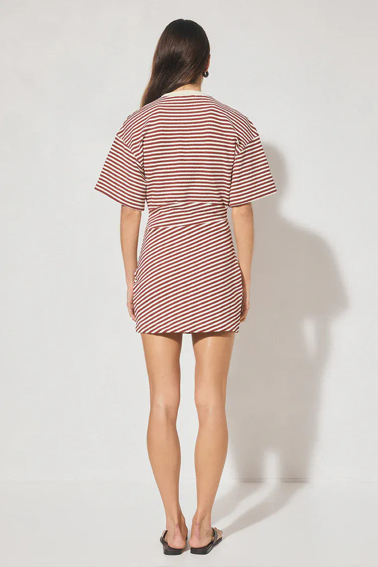 MON RENN - Aura Mini Dress Burgundy - Cream Stripe